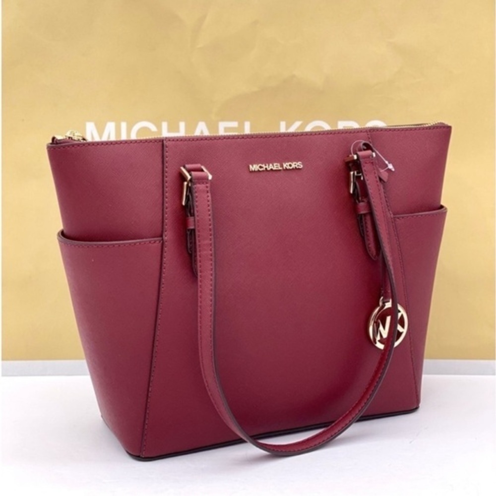 Michael Kors Charlotte Leather Tote Shoulder Bag Dark Cherry - Picture 2 of 11